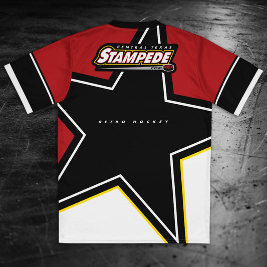 Back side of a red, black, white, and yellow shirt inspired by the Central Texas Stampede jersey