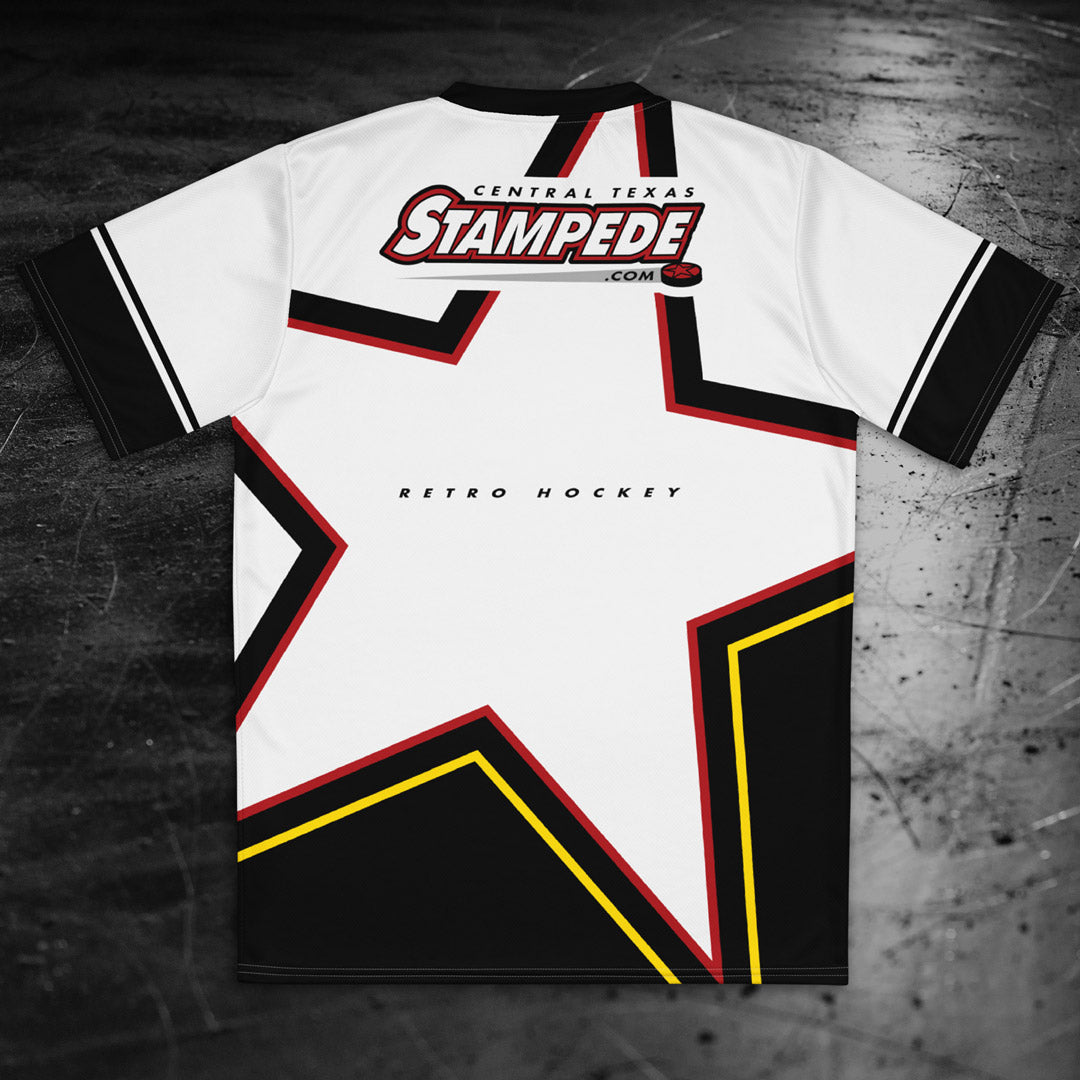 That back side of a white, black, red, and yellow shirt inspired by the Central Texas Stampede hockey jersey